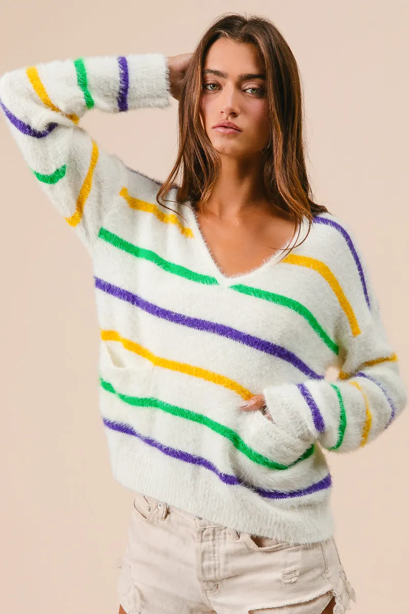 Wide Leg IT3133-01 | MARDI GRAS STRIPES V-NECK HAIRY SWEATER
