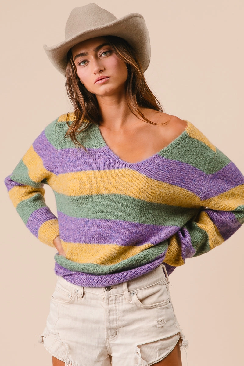 Smart Flow IT3153-01 | V-NECK MARDI GRAS STRIPES SWEATER