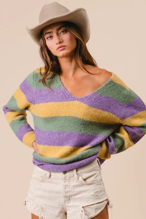 Smart Flow IT3153-01 | V-NECK MARDI GRAS STRIPES SWEATER