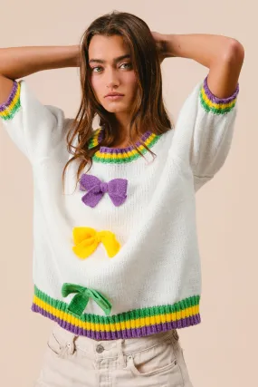 Modern Design Stay Cool IT3155-01 | SHORT PUFF SLEEVE RIBBON BOW MARDI GRAS SWEATER