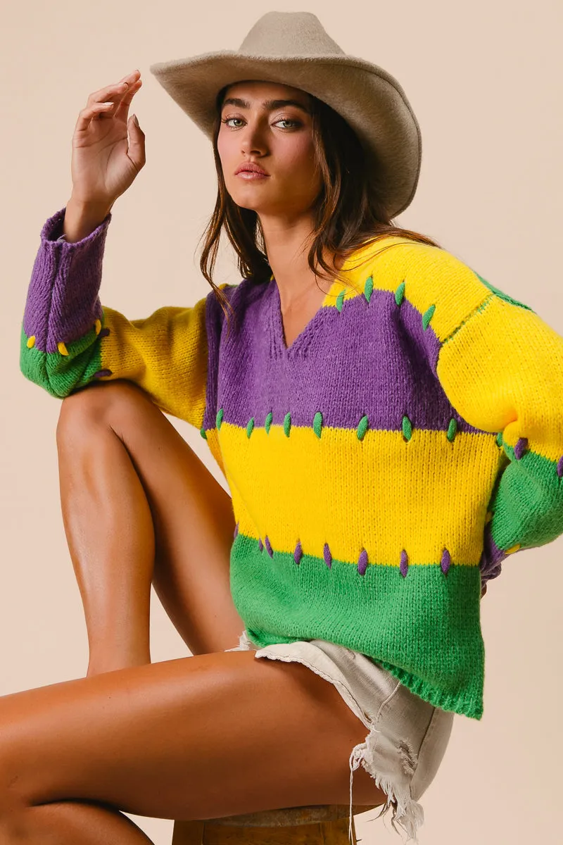 Hooded Comfort Fit Clean Outer IT3156-01 | STITCH DETAIL MARDI GRAS STRIPES SWEATER