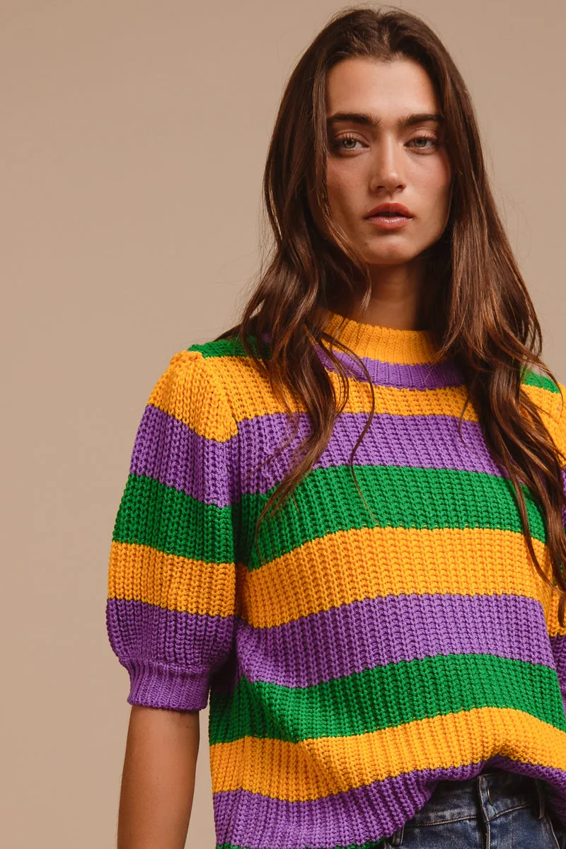 Cozy Stretch Lightweight IT3189S-02 | MARDI GRAS STRIPE HACCI KNIT HALF SLEEVES TOP