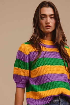 Fit Mood IT3189S-02 | MARDI GRAS STRIPE HACCI KNIT HALF SLEEVES TOP