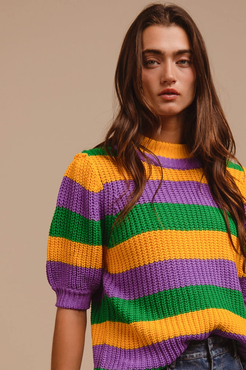 Fit Mood IT3189S-02 | MARDI GRAS STRIPE HACCI KNIT HALF SLEEVES TOP