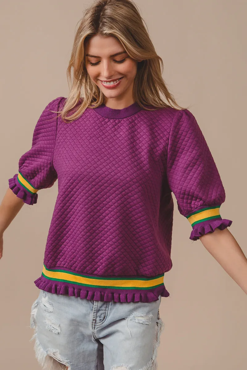 Versatile Wear IT3352S-02 | MARDI GRAS THEME QUILTED KNIT PUFF SLEEVES TOP