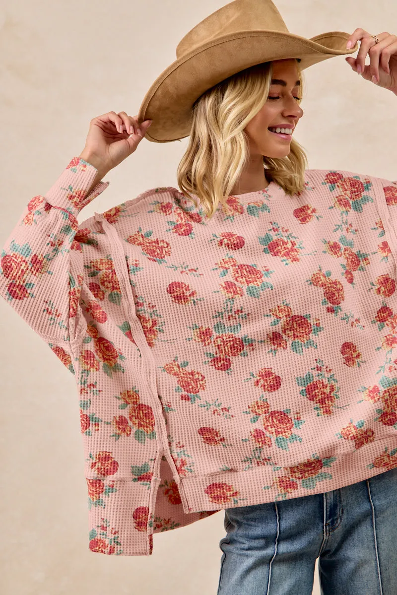 Matte Fabric IT3426G-13 | FLORAL PRINT OVERSIZED WAFFLE THERMAL SWEATSHIRT