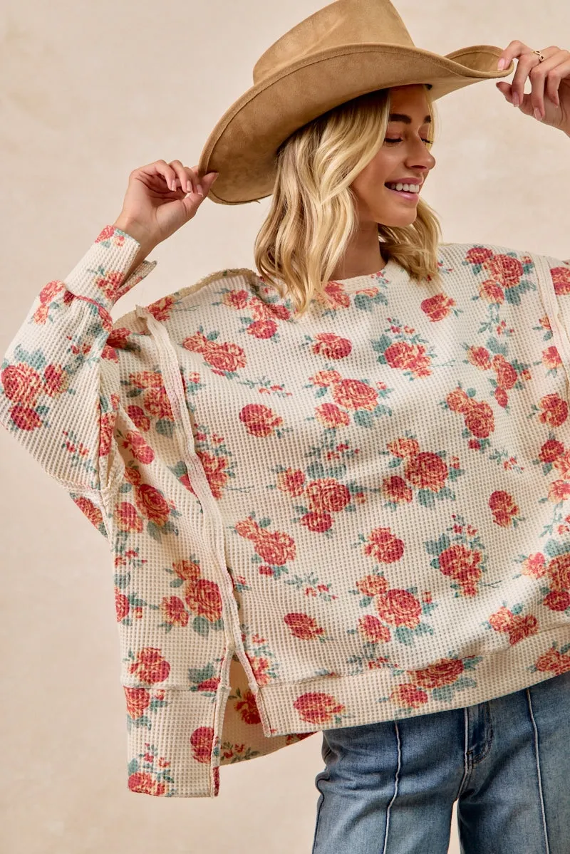 IT3426G-13 | FLORAL PRINT OVERSIZED WAFFLE THERMAL SWEATSHIRT Classic Cut City Wear