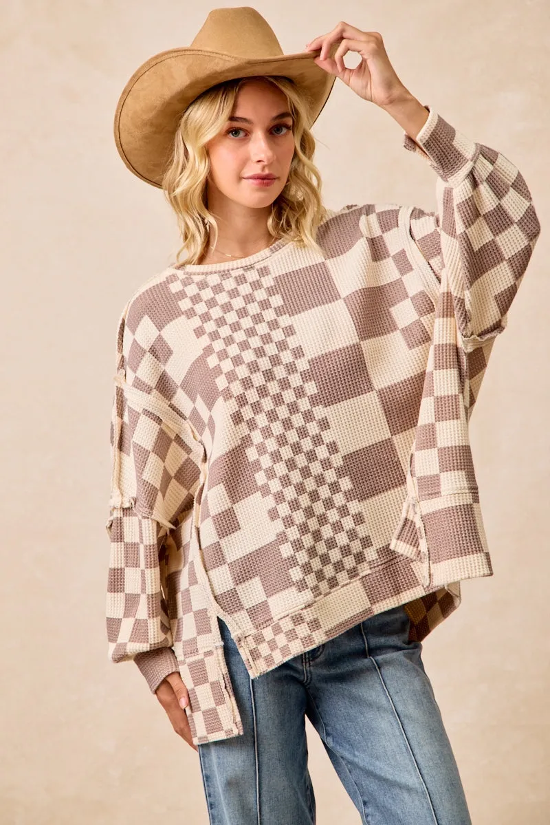 slim fit Cozy Fit IT3426G-15 | CHECKER PRINT OVERSIZED WAFFLE THERMAL SWEATSHIRT