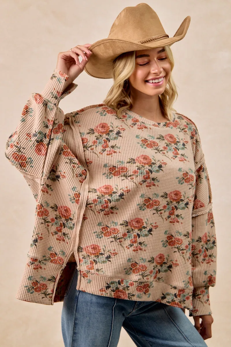 Vintage Inspired IT3426G-16 | FLORAL PRINT OVERSIZED WAFFLE THERMAL SWEATSHIRT