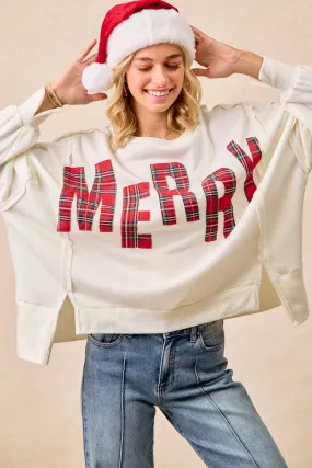 Fringe Detail IT3426G-18 | CHRISTMAS PLAID MERRY LETTERING FLEECE SWEATSHIRT