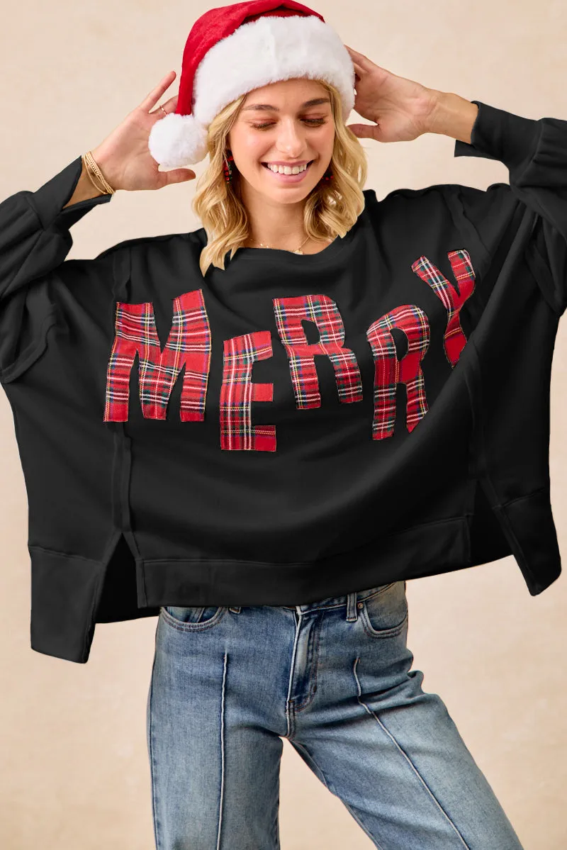 IT3426G-18 | CHRISTMAS PLAID MERRY LETTERING FLEECE SWEATSHIRT Crisp Detail