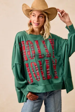 IT3426G-19P | CHRISTMAS PLAID HOLLY JOLLY LETTERING SWEATSHIRT Cozy Layering