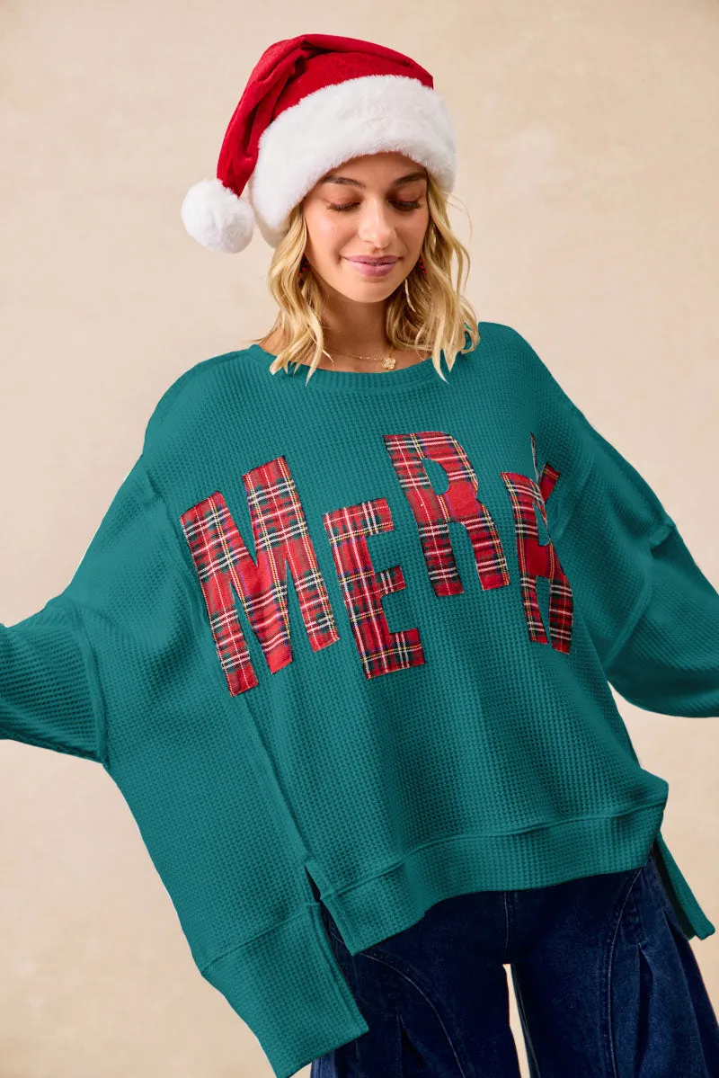 IT3426G-20 | CHRISTMAS PLAID MERRY LETTERING SWEATSHIRT Hidden Zipper