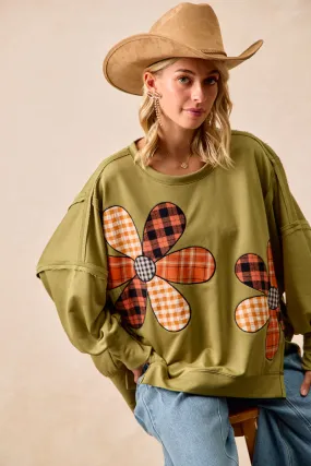 No Collar Casual Staple IT3426G-28 | PLAID MIX FLOWER PATCHWORK FRENCH TERRY SWEATSHIRT
