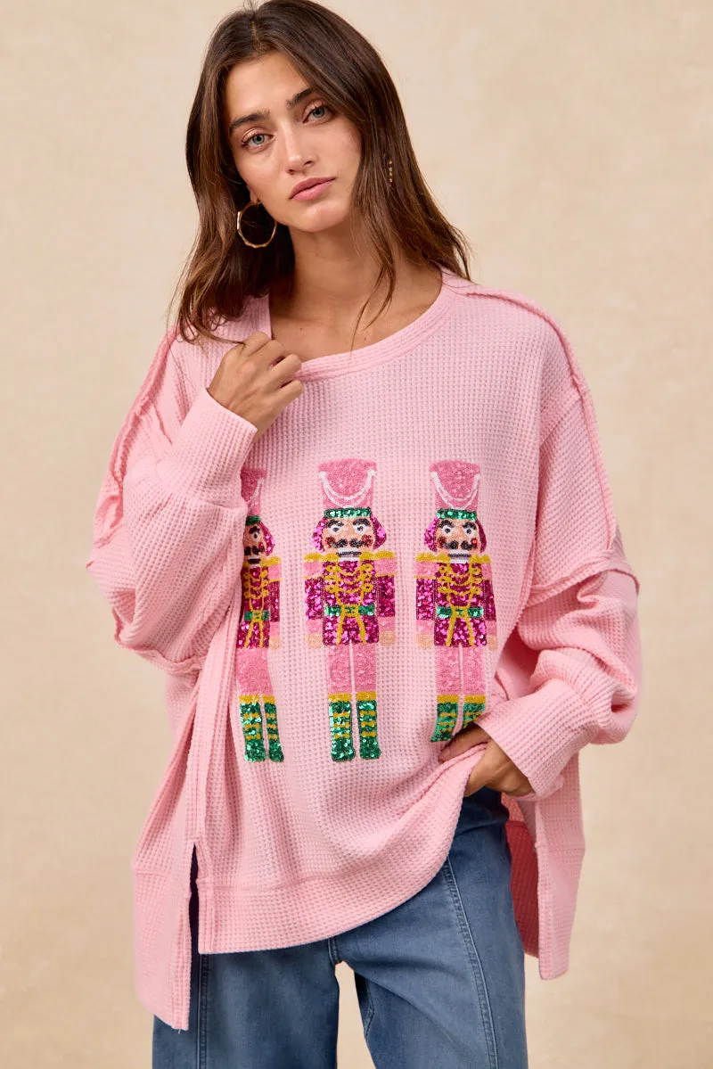 IT3426G-46 | CHRISTMAS SEQUIN NUTCRACKERS EMBROIDERY SWEATSHIRT Plaid Print Soft Cover