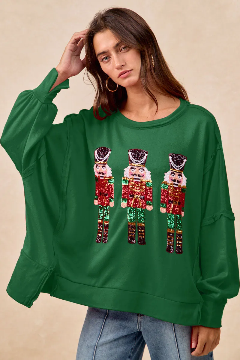 IT3426G-47 | CHRISTMAS SEQUIN NUTCRACKERS EMBROIDERY SWEATSHIRT High Rise