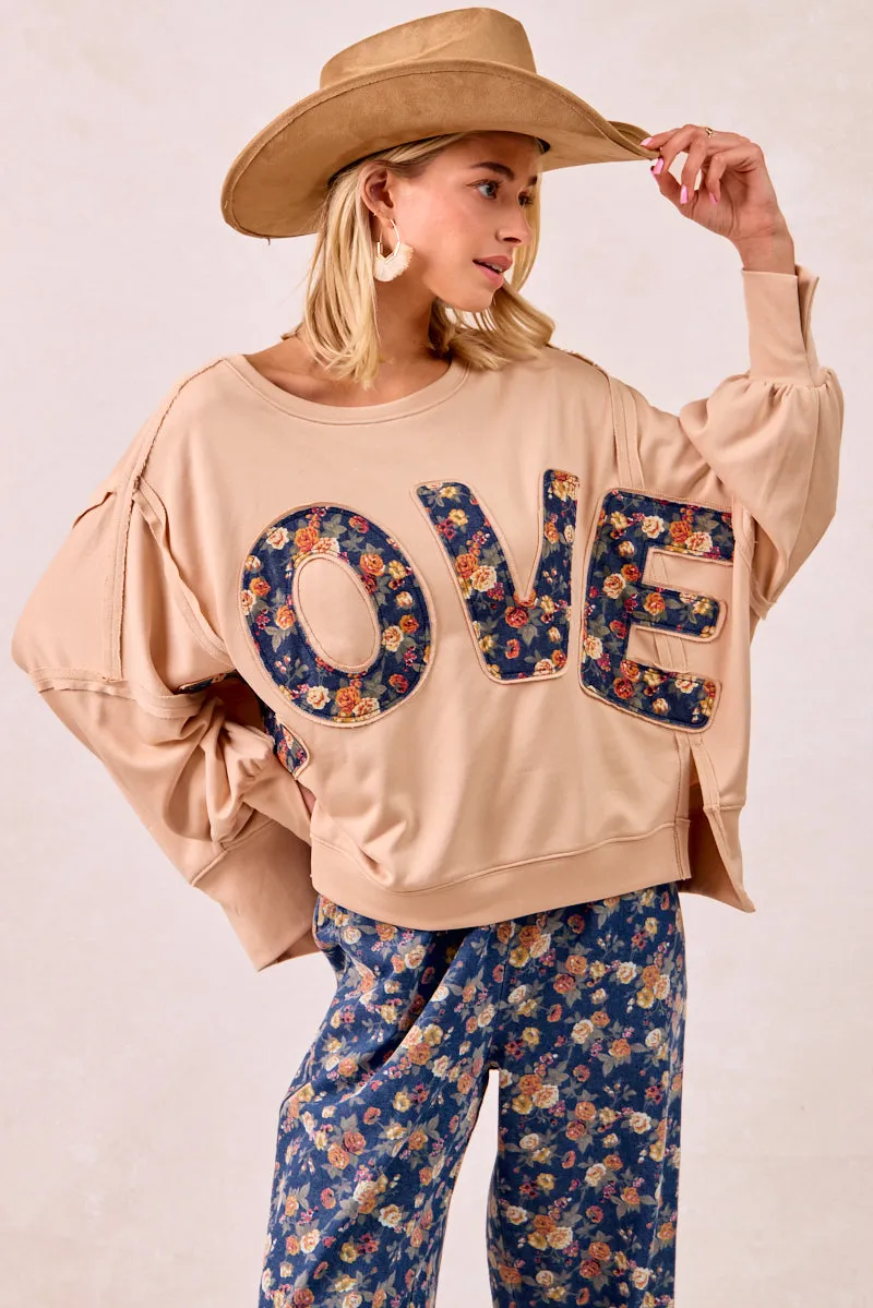 Insulated Warmth Transition Wear IT3426R-08 | FLORAL LOVE LETTER PATCHES FRENCH TERRY SWEATSHIRT