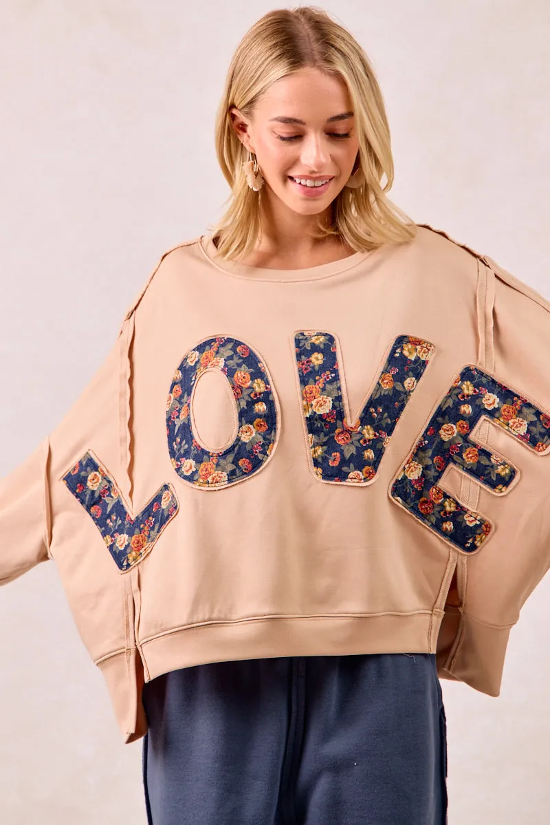 Chill Look IT3426R-08 | FLORAL LOVE LETTER PATCHES FRENCH TERRY SWEATSHIRT