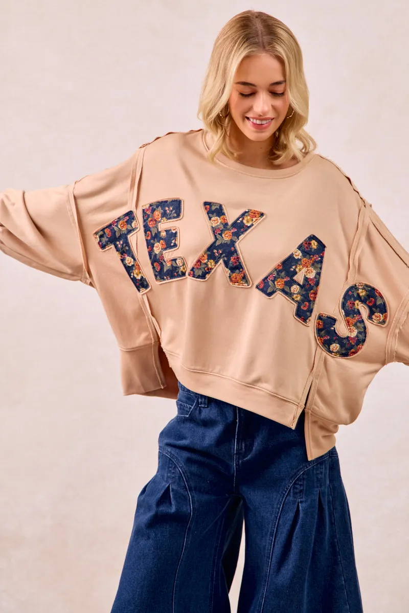 IT3426R-09 | FLORAL TEXAS LETTER PATCHE FRENCH TERRY SWEATSHIRT Long Length Weekend Style