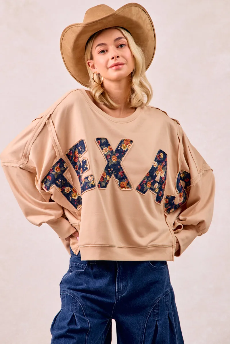 Urban Fit Look IT3426R-09 | FLORAL TEXAS LETTER PATCHE FRENCH TERRY SWEATSHIRT