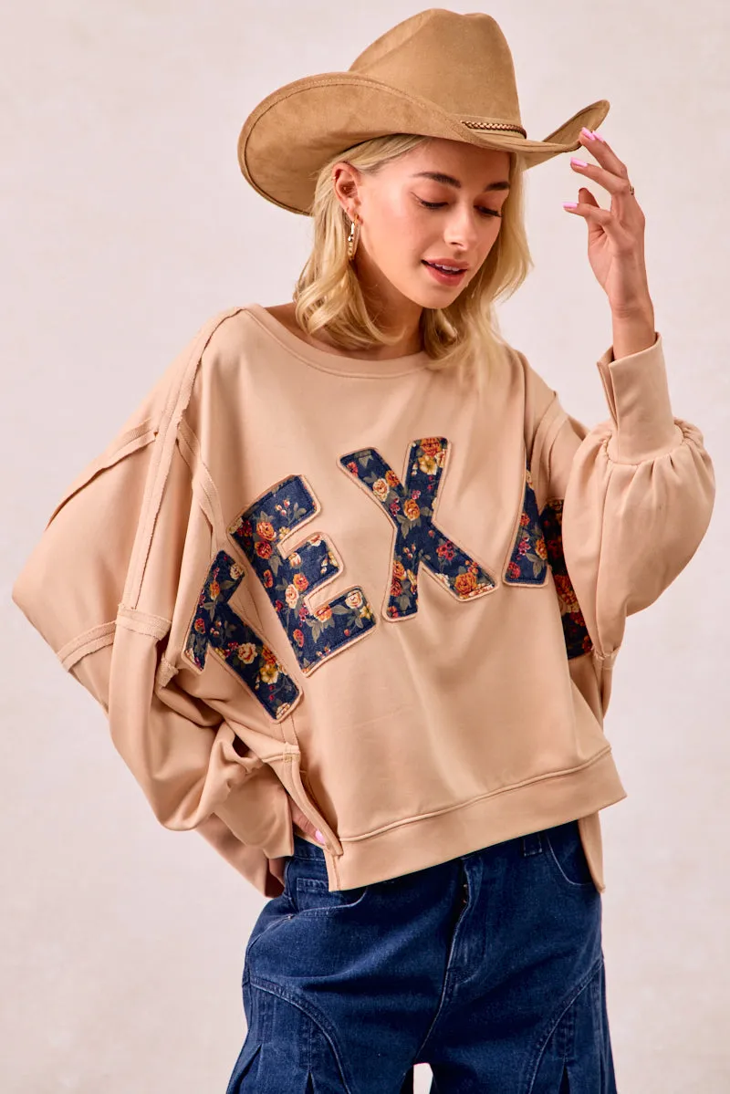 Casual Fit Silhouette Essential City Look IT3426R-09 | FLORAL TEXAS LETTER PATCHE FRENCH TERRY SWEATSHIRT