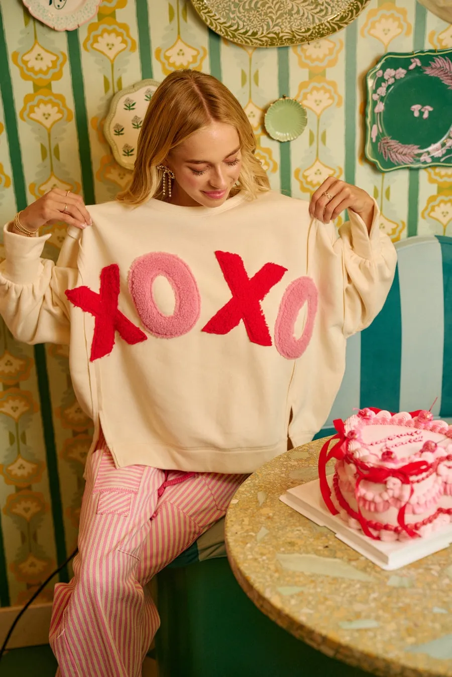 IT3426S-43 | BRUSHED TERRY XOXO FLEECE PATCHWORK TOP WITH SEAM Soft Touch Stretchy Waist