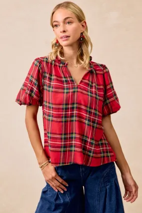 IT3435G-08 | CHRISTMAS PLAID SHORT SLEEVES RUFFLED V-NECK TOP Go To Layer