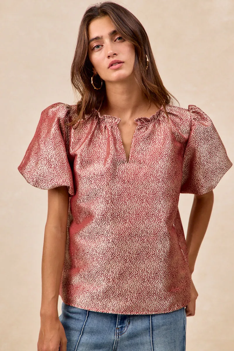 Smooth Finish IT3435S-09 | JACQUARD WOVEN SHORT BALLOON SLEEVES V NECK TOP