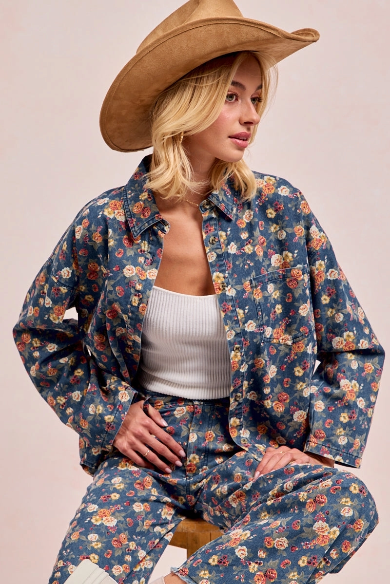IT3475R-03 | WASHED FLORLA PRINT DENIM JACKET Long Length