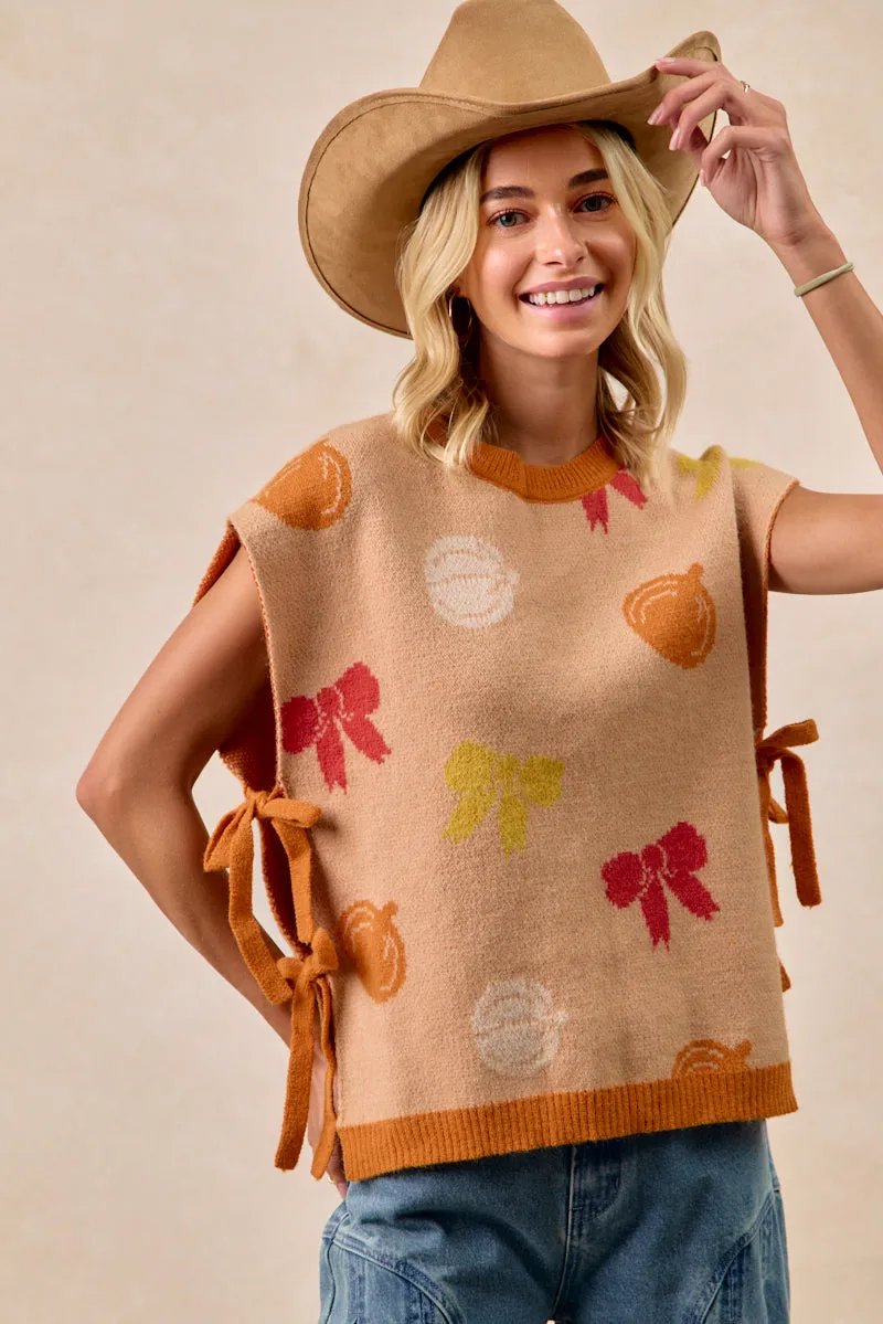 All Season IT3515G-14 | THANKSGIVING THEME PATTERN SIDE TIED SWEATER VEST