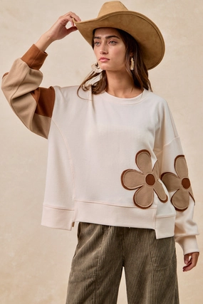 IT3518S-02P | TEXTURED RIB FLOWER PATCHWORK TOP WITH UNEVEN HEM Contemporary Fit Autumn Ready