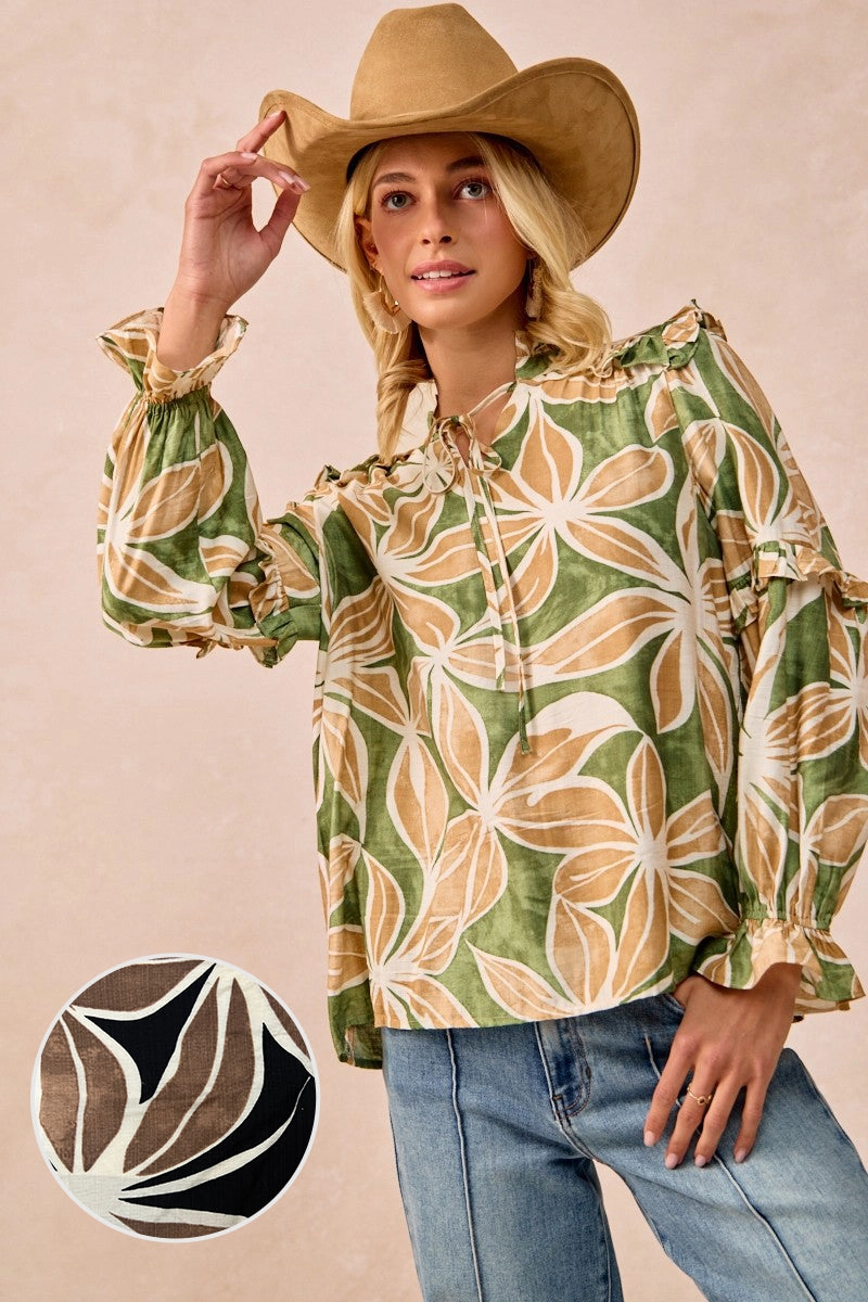 IT3768G-07 | FLORAL PRINT RUFFLES DETAIL TOP WITH FRONT TIE DETAIL Crisp Weather Fit Autumn Wear