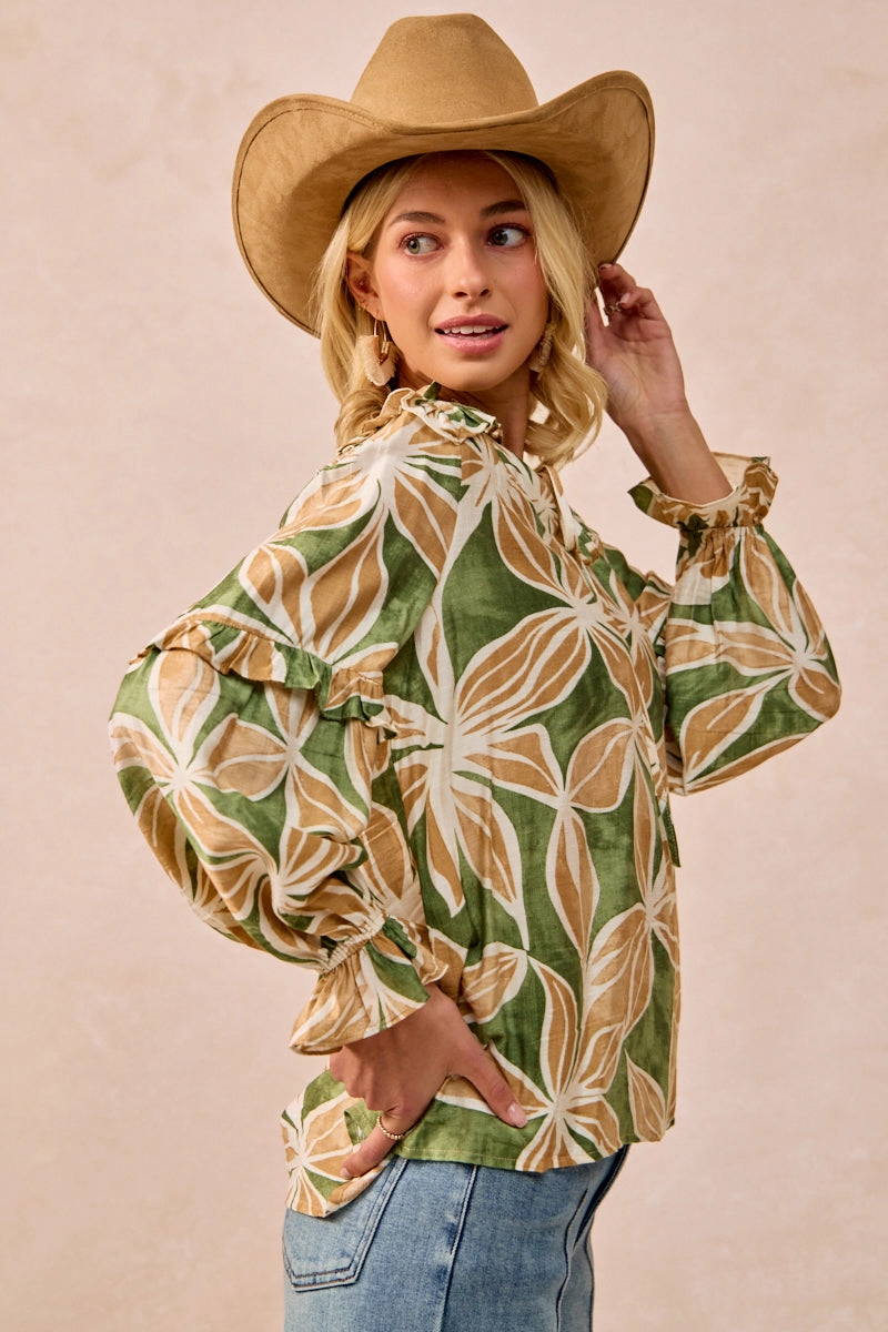 IT3768G-07 | FLORAL PRINT RUFFLES DETAIL TOP WITH FRONT TIE DETAIL Modern Aesthetic