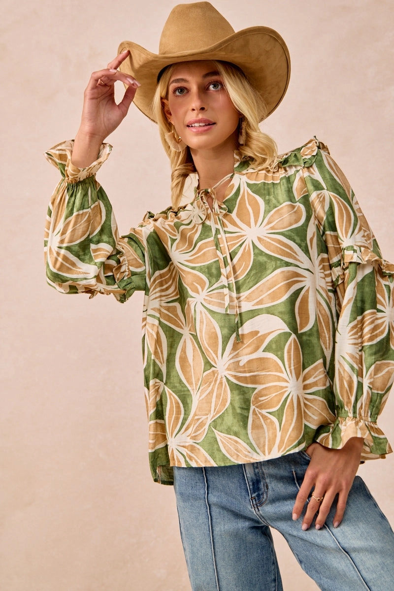 IT3768G-07 | FLORAL PRINT RUFFLES DETAIL TOP WITH FRONT TIE DETAIL Relaxed Comfort Airy Layer Fit