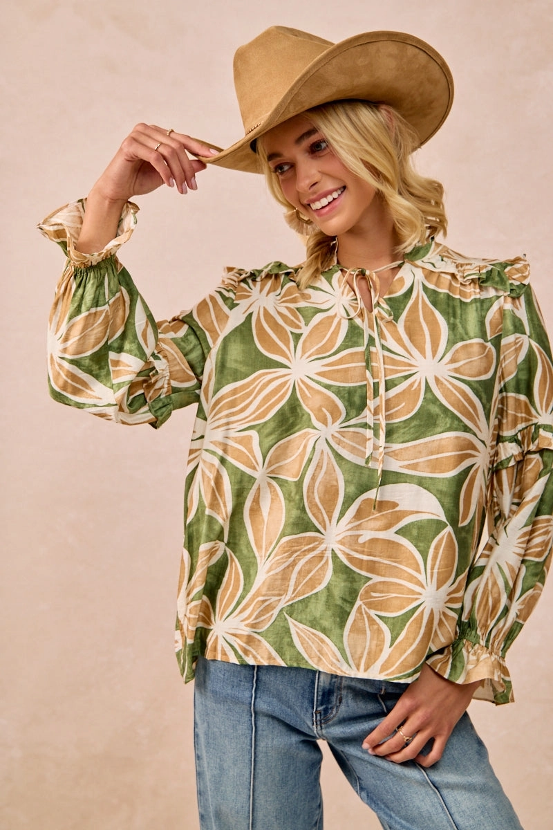 IT3768G-07 | FLORAL PRINT RUFFLES DETAIL TOP WITH FRONT TIE DETAIL Hidden Zipper Pattern Print