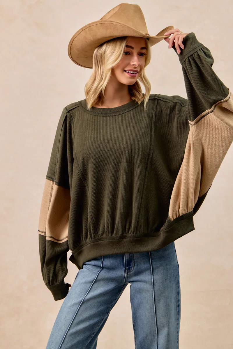 Fashion Trend IT3795S-12 | TEXTURED RIB CONTRAS BLOCK TOP WITH STITCH