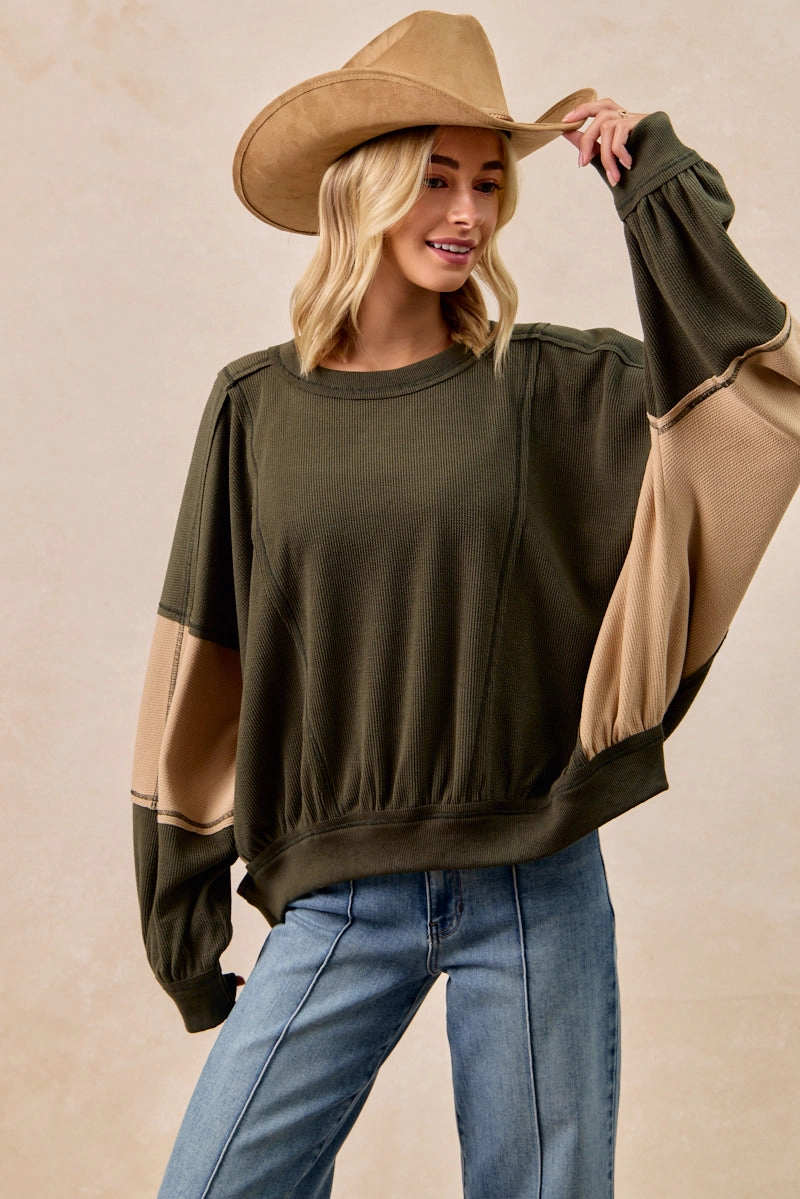 IT3795S-12 | TEXTURED RIB CONTRAS BLOCK TOP WITH STITCH Quick Motion Office Friendly