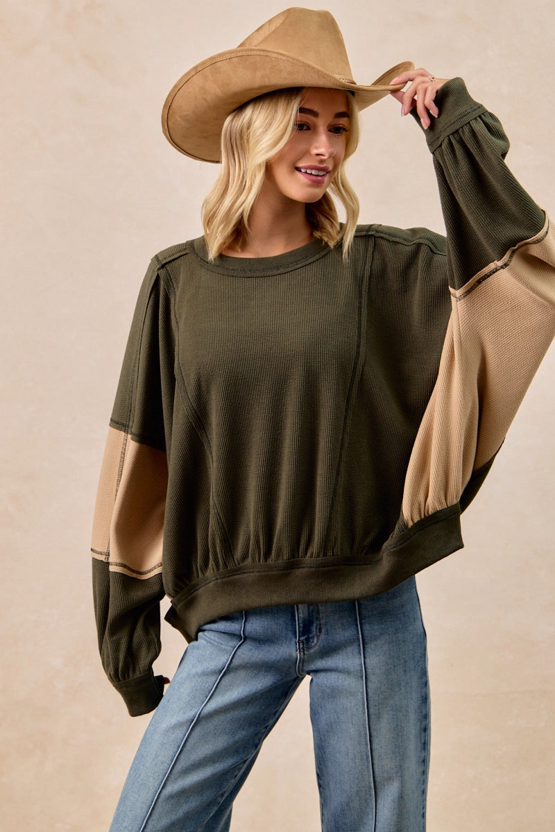 IT3795S-12 | TEXTURED RIB CONTRAS BLOCK TOP WITH STITCH Trendy Waist