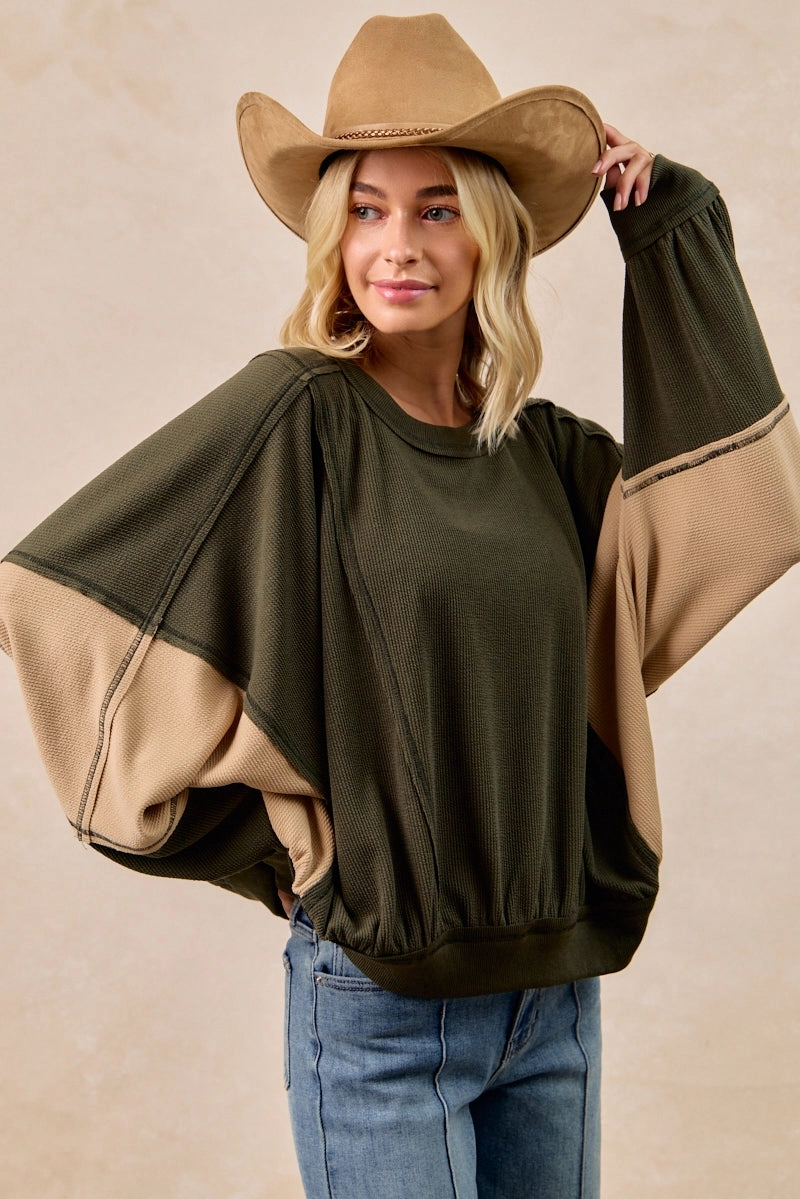 IT3795S-12 | TEXTURED RIB CONTRAS BLOCK TOP WITH STITCH Timeless Utility Stretchy Material