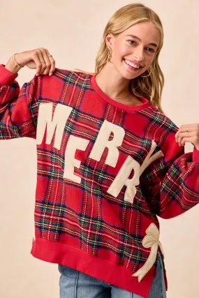 IT3797G-05 | MERRY SIDE BOW PATCHES CHRISTMAS PLAID SWEATSHIRT Dry Weather Look Breezy Layer Option