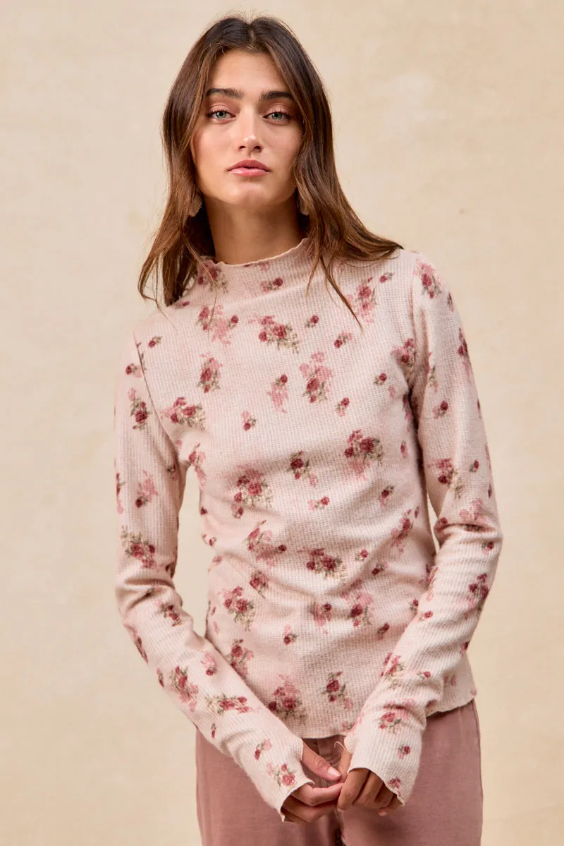 IT4077S-07 | HIGH NECKLINE TEXTUR FLORAL PRINTED TOP WITH THUMB Smart Fit Work Ready