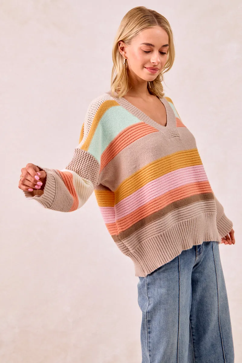 IT4306R-01 | MULTI COLORS STRIPES RIB BANDED V-NECK SWEATER TOP Crisp Look Sleek Layer Fit