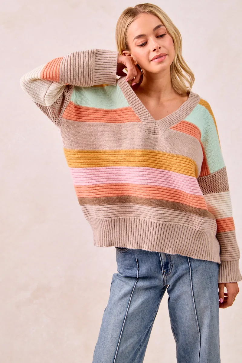 IT4306R-01 | MULTI COLORS STRIPES RIB BANDED V-NECK SWEATER TOP Smart Casual Layered Comfort Look