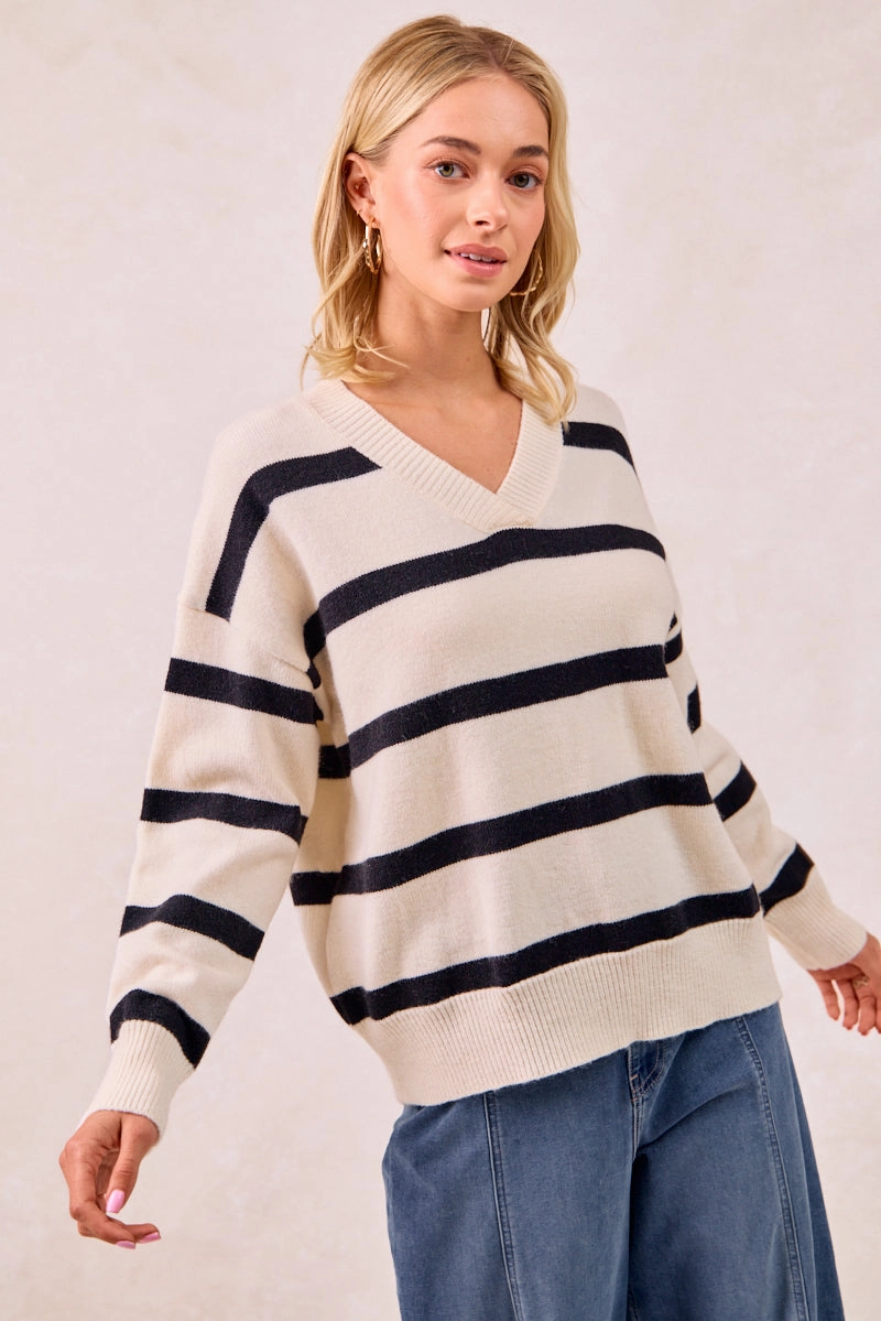 IT4307R-01 | SOLID STRIPED KNIT SWEATER TOP WITH V-NECKLINE Everyday Comfort