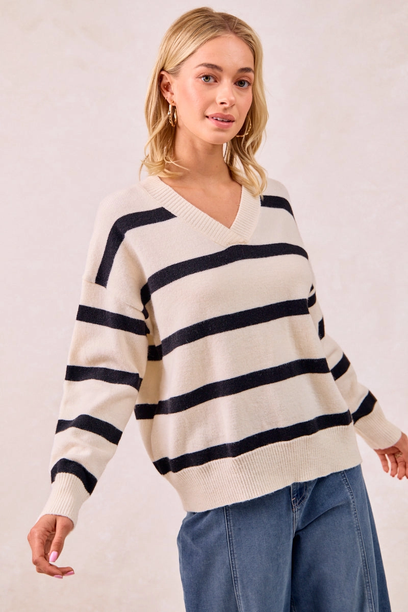 Wardrobe Essential IT4307R-01 | SOLID STRIPED KNIT SWEATER TOP WITH V-NECKLINE