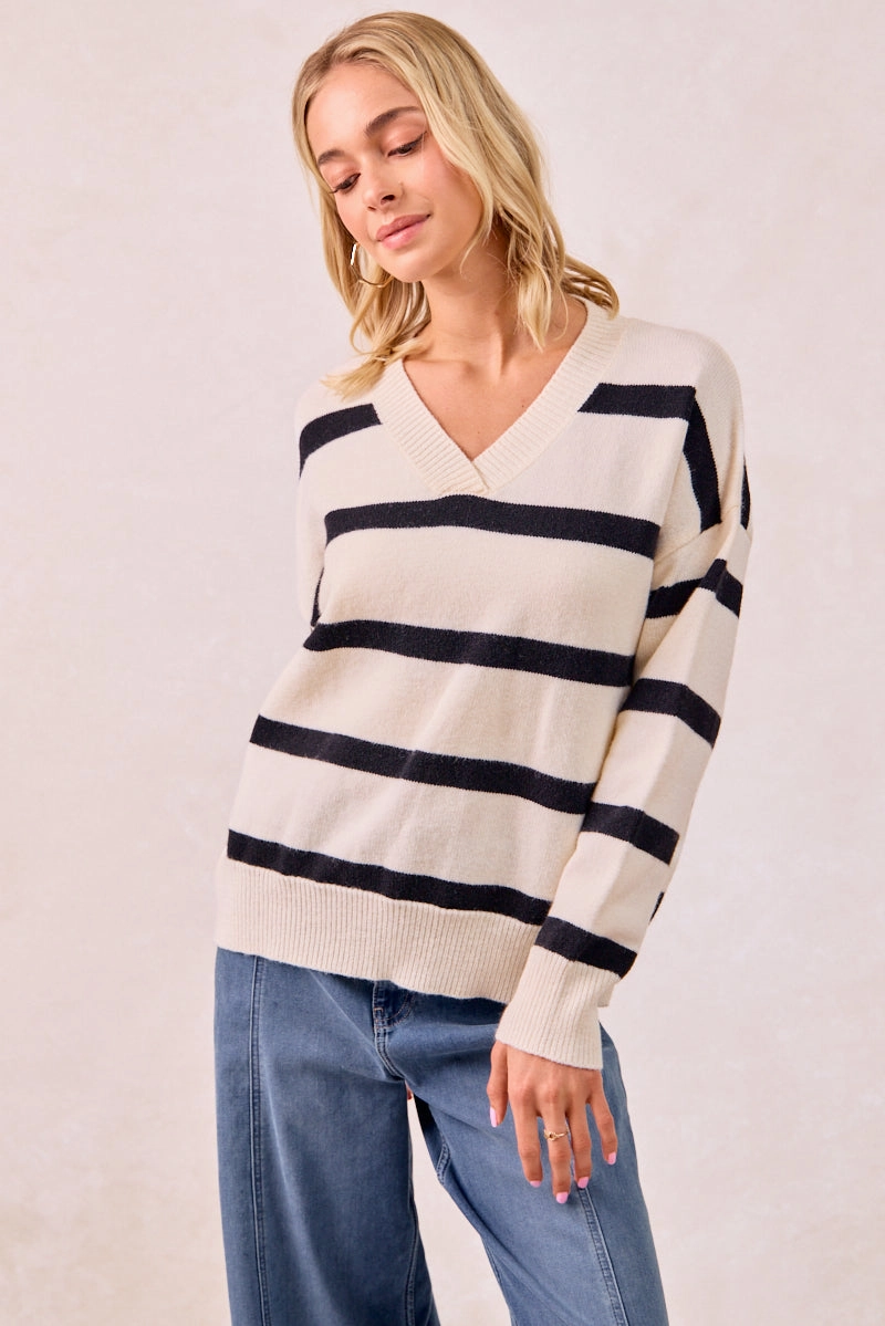 Work Flex Office Chic IT4307R-01 | SOLID STRIPED KNIT SWEATER TOP WITH V-NECKLINE