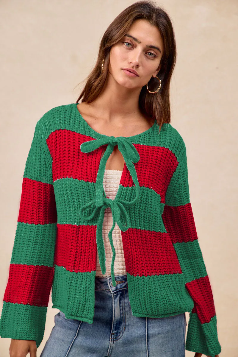 Modern Cut Core Ease IT4322G-04 | STRIPES LOOSE GAUGE SWEATER TOP WITH BOW TIED