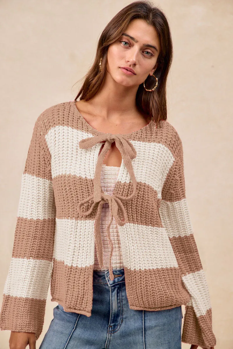 Spring Layer Light Outdoor Layer IT4322G-04 | STRIPES LOOSE GAUGE SWEATER TOP WITH BOW TIED
