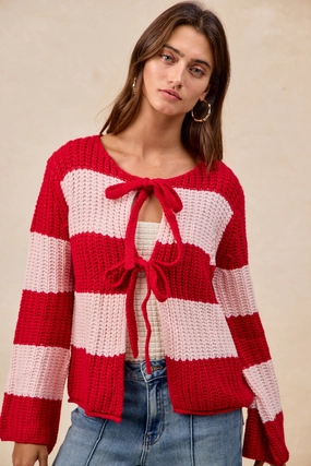 Cool Layers Sleek Touch IT4322G-04 | STRIPES LOOSE GAUGE SWEATER TOP WITH BOW TIED
