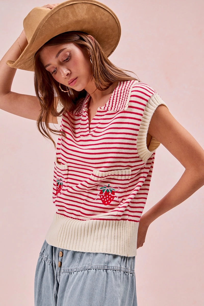 IT4351S-02P | STRIPE KNIT STRAWBERRY DOUBLE POCKET COLLAREDTOP Contemporary Fit